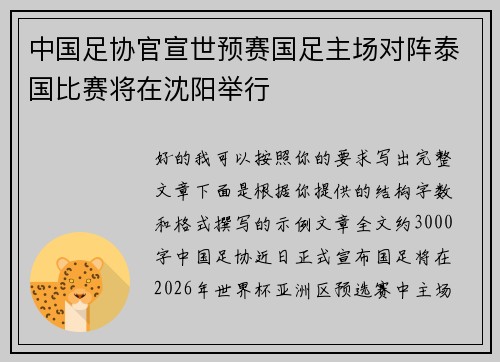 中国足协官宣世预赛国足主场对阵泰国比赛将在沈阳举行