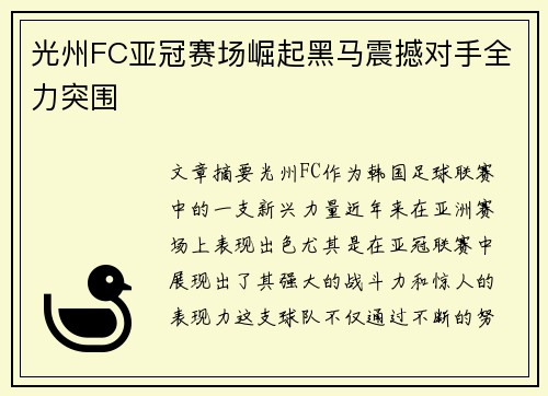 光州FC亚冠赛场崛起黑马震撼对手全力突围