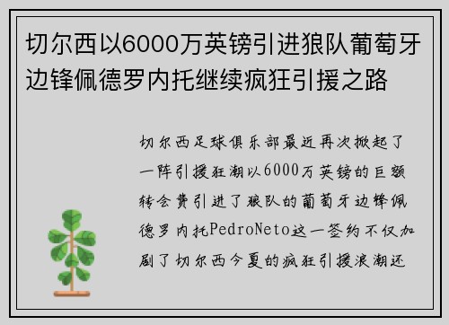 切尔西以6000万英镑引进狼队葡萄牙边锋佩德罗内托继续疯狂引援之路